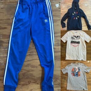 Bundle - Adidas Boys Blue Track Pants, two Adidas Shirts, Adidas Hoodie